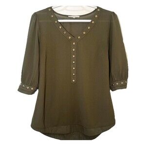 41 Hawthorn Olive Studded V Neck Blouse 3/4 Sleeve High Low Top